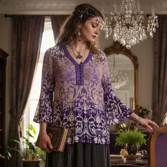 Dress Barn 1X Y2K Romantic Whimsigoth Fairy Grunge Boho Barocque Plisse Tunic - Picture 2 of 14